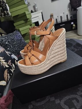 YSL Sandals 36.5 Brown Wedge Espadrille Platform